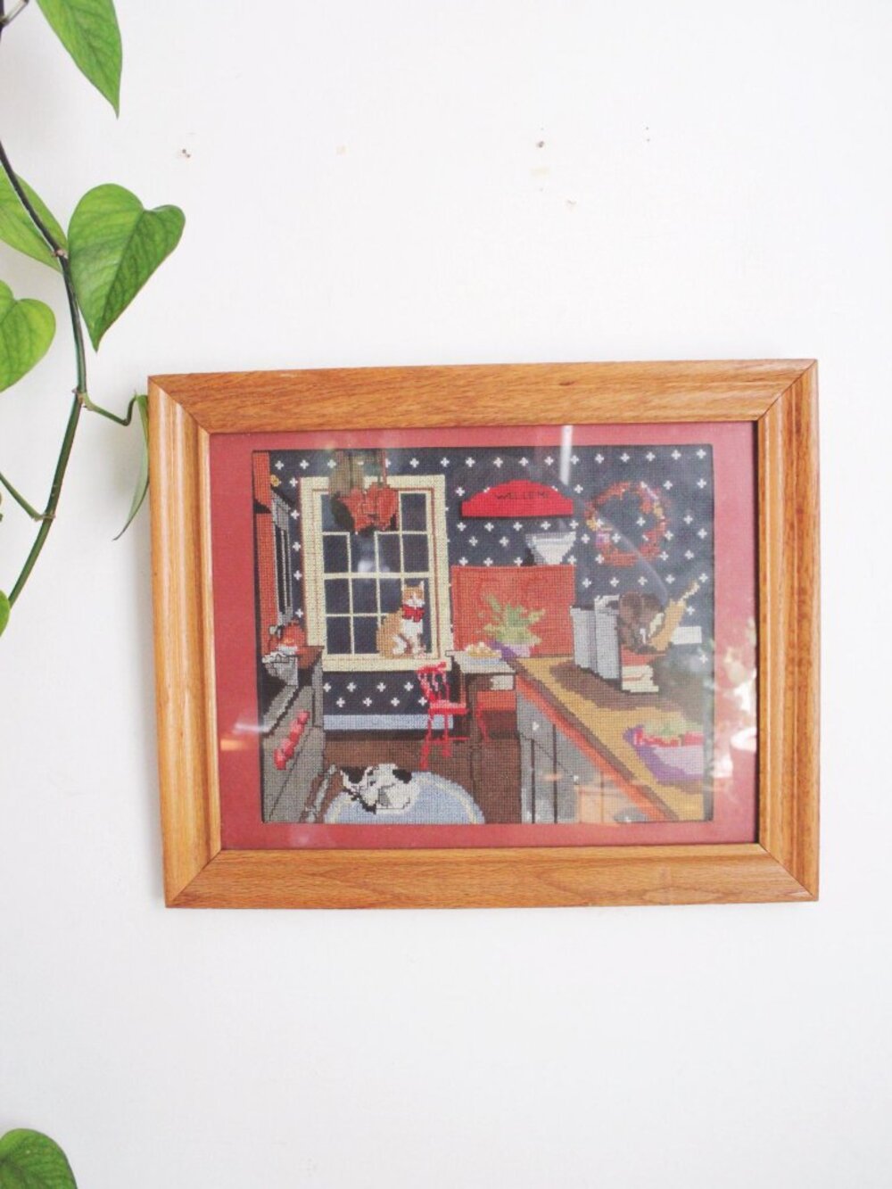 Vintage Framed Cross Stitch Art Kitchen Kittens Cozy Country Home Cat Cottagecor - Picture 3 of 8